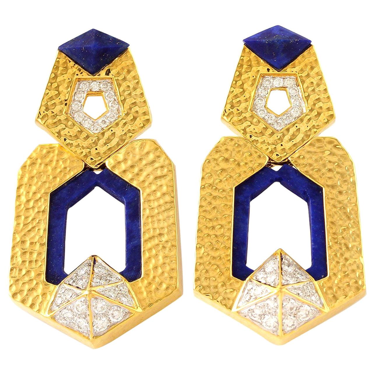 Door Knocker Lapis Diamond 18 Karat Gold Earrings For Sale