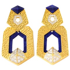 Door Knocker Lapis Diamond 14 Karat Gold Earrings