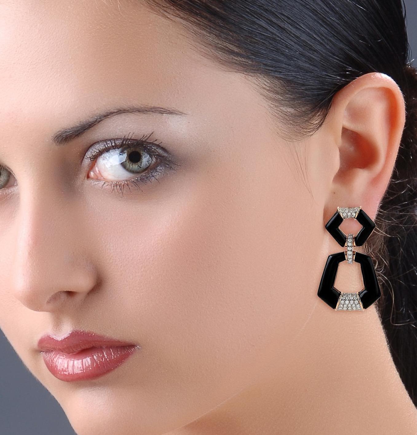 These stunning Door Knocker earrings are handmade in 14-karat gold, 33 carats black onyx and set with 2.01 carats of glittering diamonds. 

FOLLOW  MEGHNA JEWELS storefront to view the latest collection & exclusive pieces.  Meghna Jewels is proudly