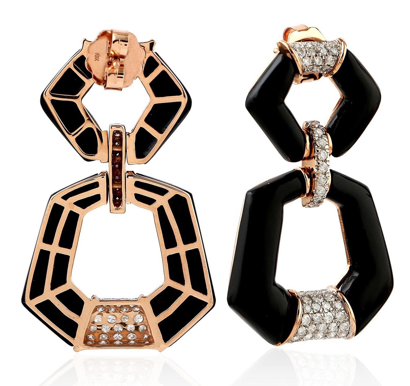 Contemporary 14 Karat Gold Door Knocker Onyx Diamond Earrings For Sale