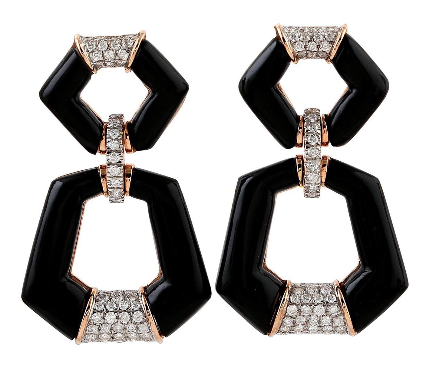 Hexagon Cut 14 Karat Gold Door Knocker Onyx Diamond Earrings For Sale