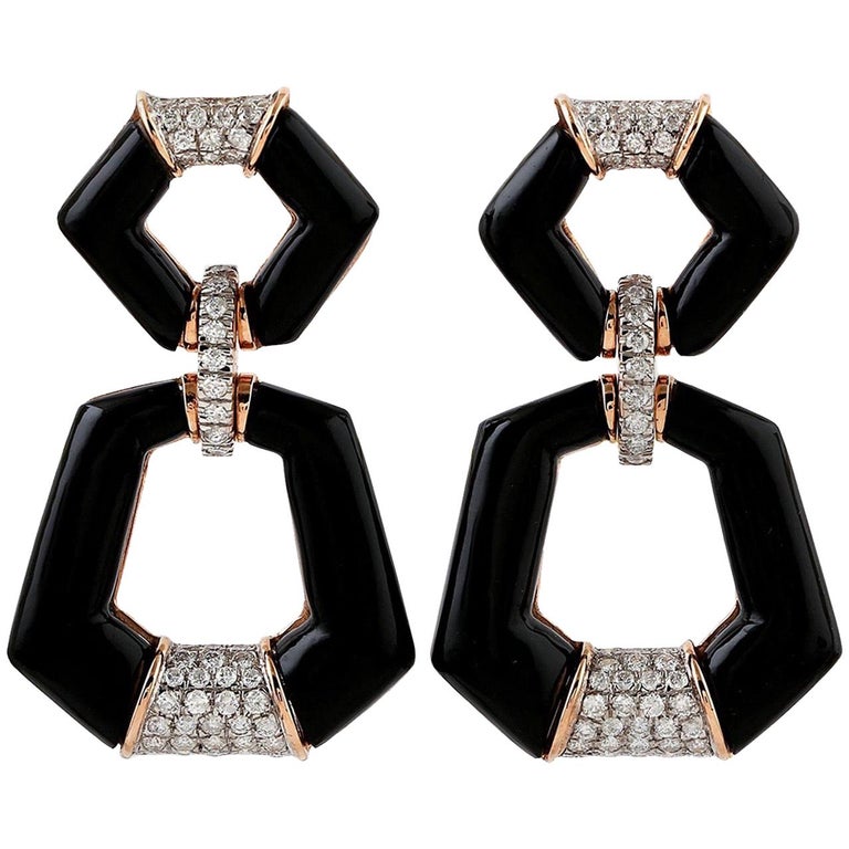 14 Karat Gold Door Knocker Onyx Diamond Earrings For Sale at 1stDibs