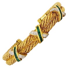 18 Karat Gold Double Cable Cuff Bracelet with .36 Carat Diamond and Emeralds