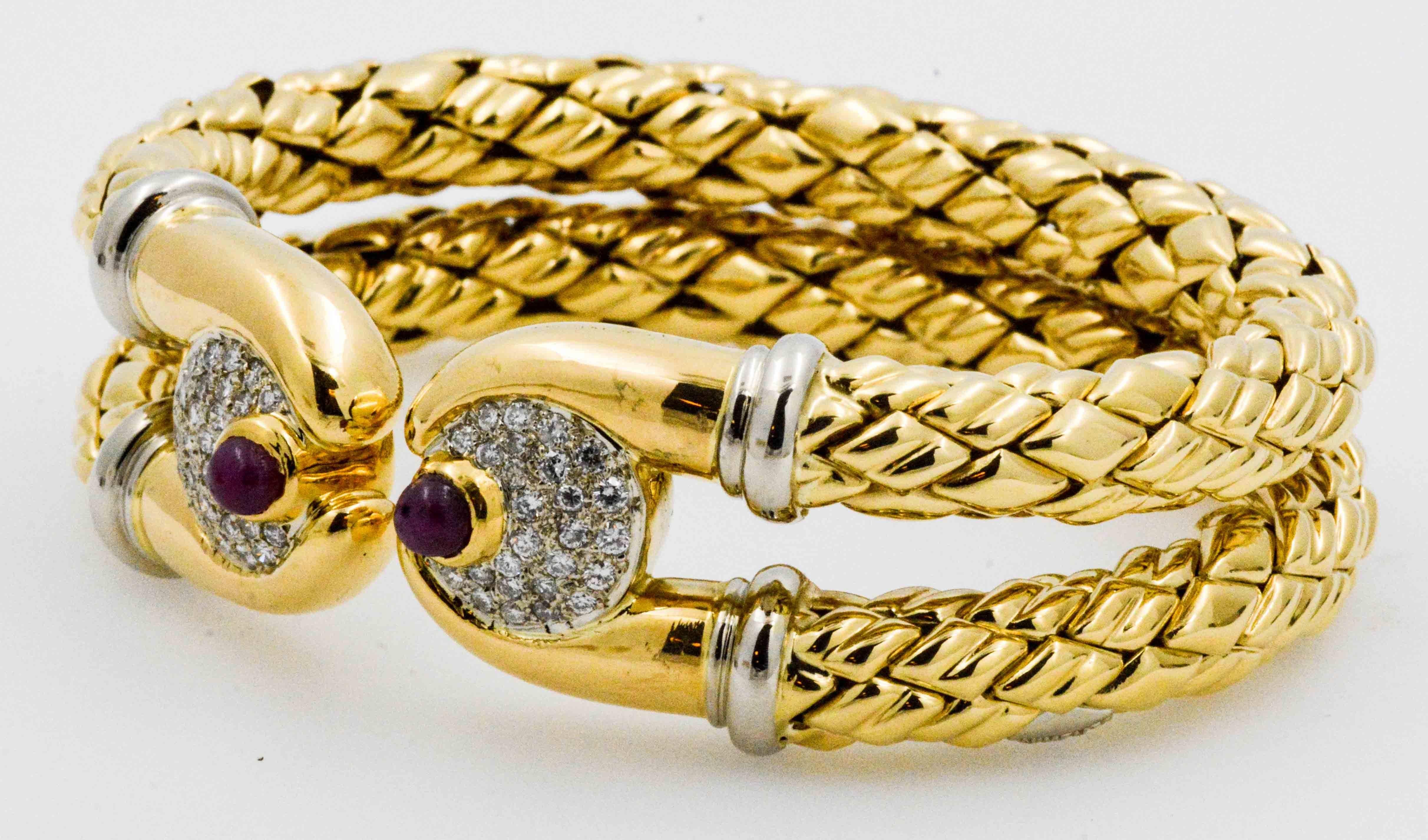Modern 18 Karat Gold Double Open Cuff Ruby Diamond Bracelet