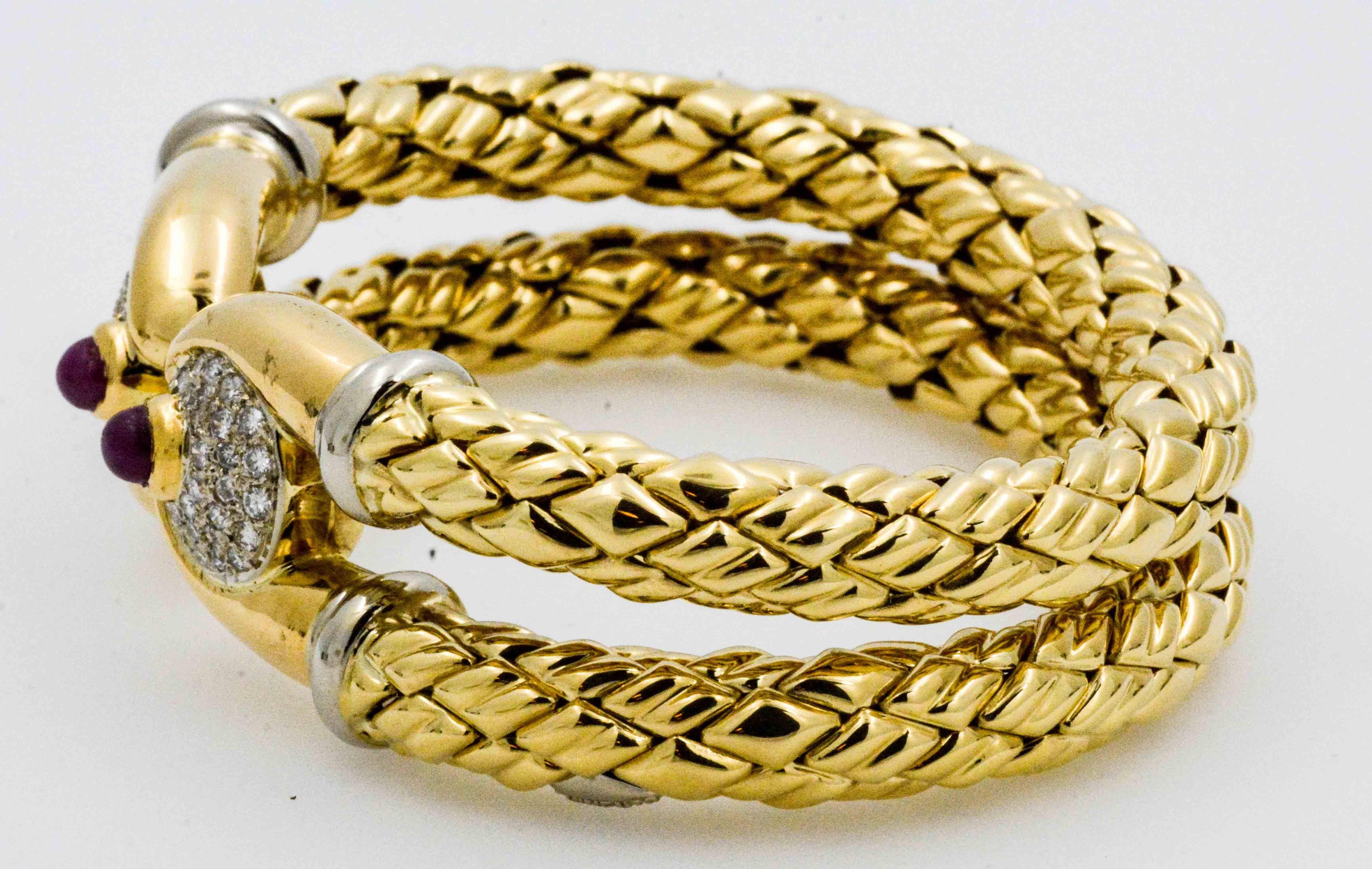 18 Karat Gold Double Open Cuff Ruby Diamond Bracelet In Excellent Condition In Dallas, TX