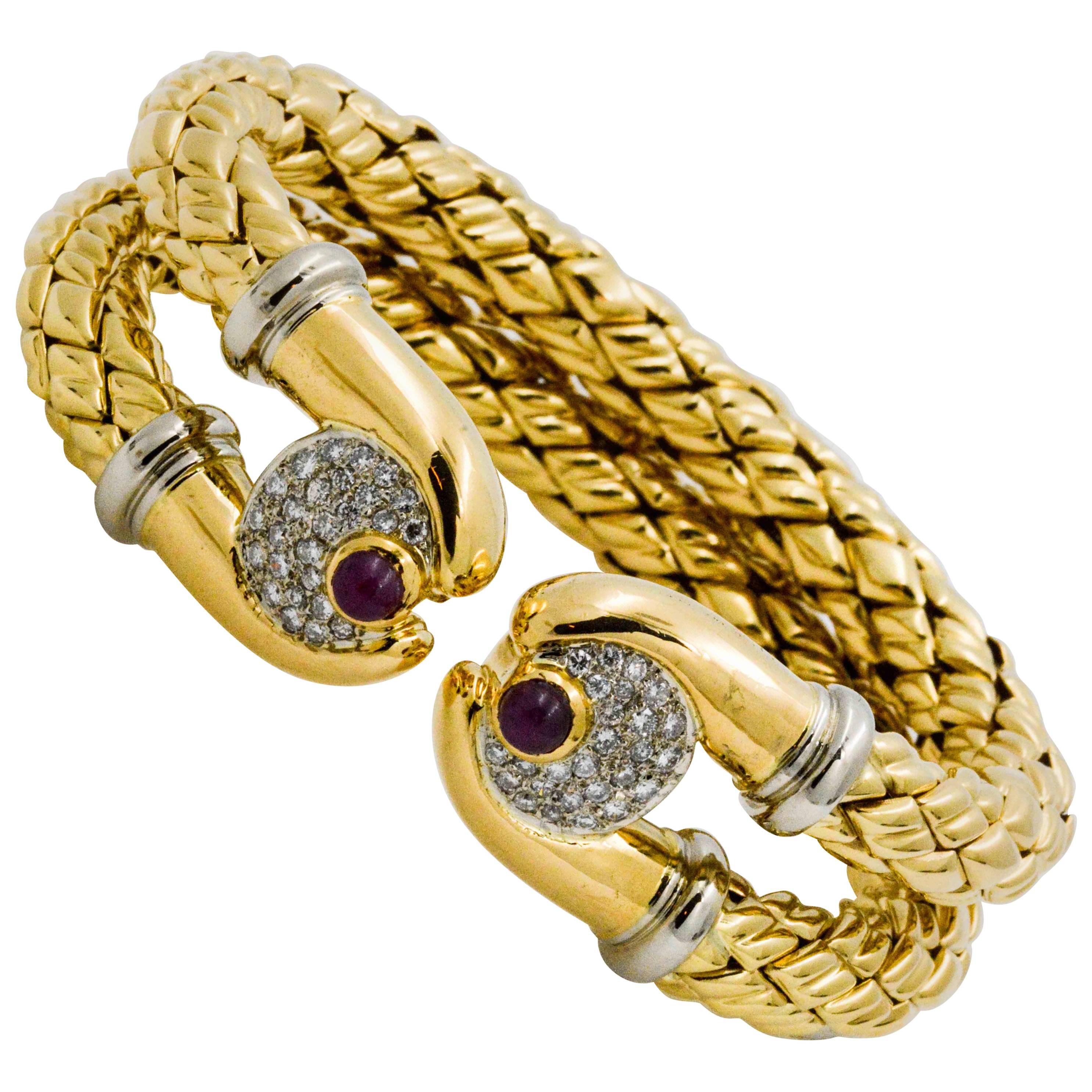 18 Karat Gold Double Open Cuff Ruby Diamond Bracelet