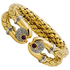 18 Karat Gold Double Open Cuff Ruby Diamond Bracelet