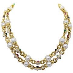 18 Karat Gold Double Strand Necklace with Diamonds Pearls and Colored Gem Stones