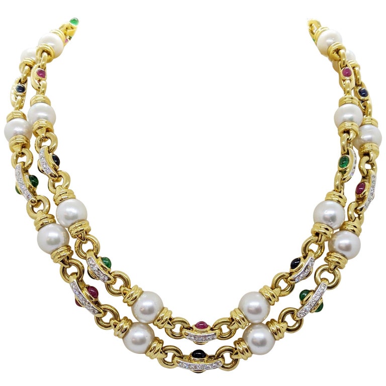 18 Karat Gold Double Strand Necklace with Diamonds Pearls and Colored