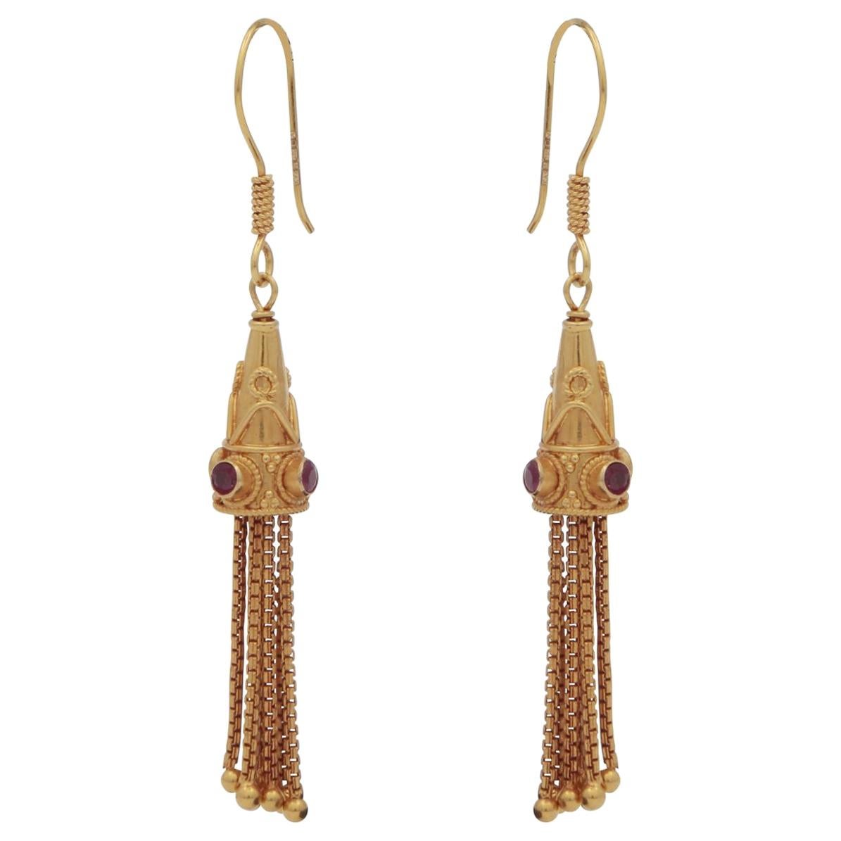 18 Karat Gold Drop Chain and Ruby Earrings