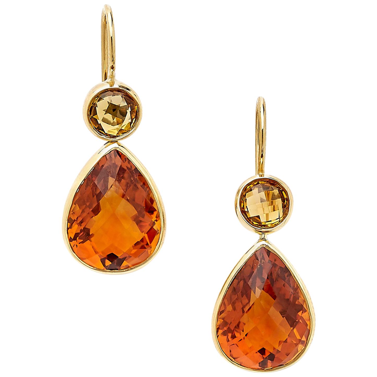 18 Karat Yellow Gold Drop Earrings Set with 14.89 Carat Citrines and Tourmalines For Sale