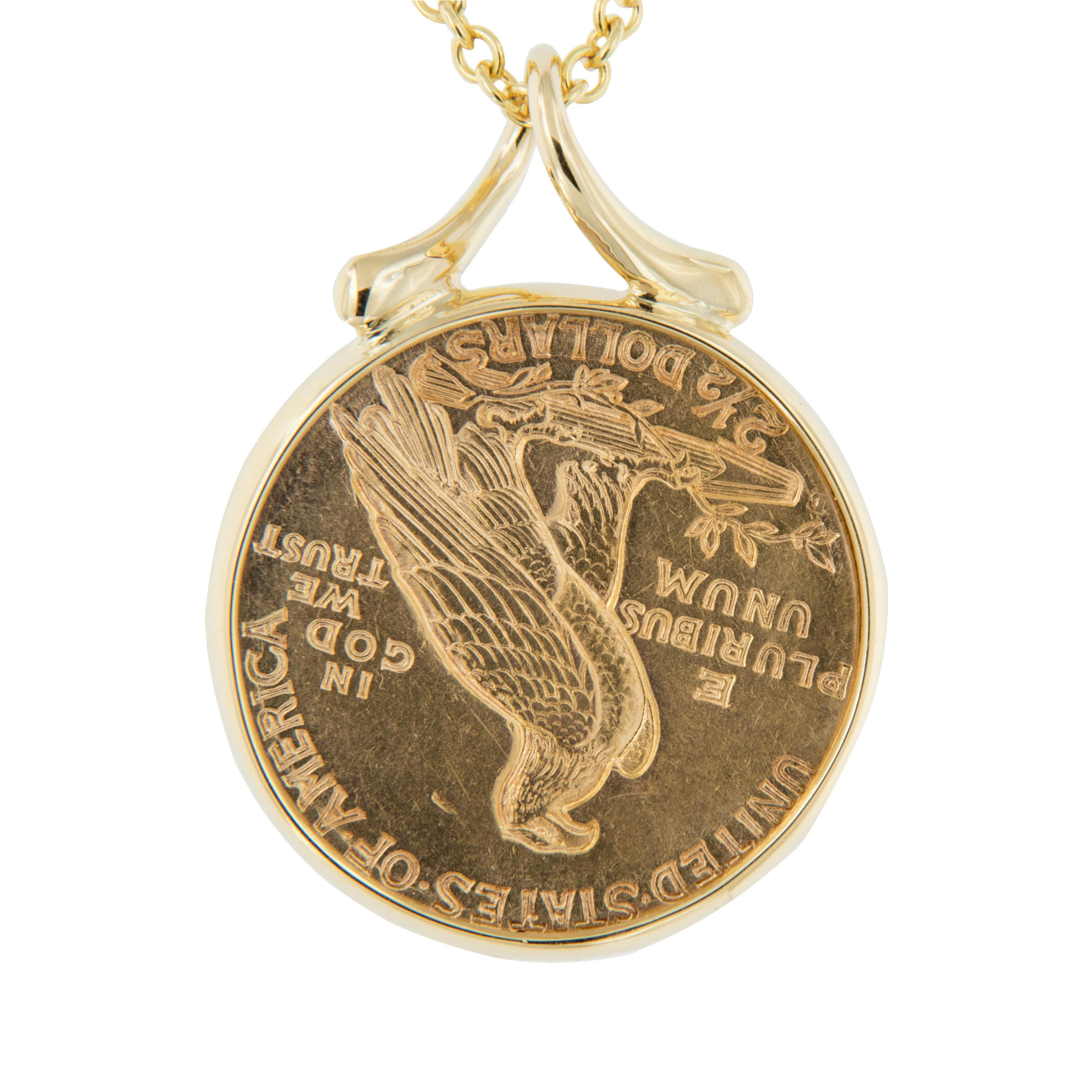 Enjoy a piece of American gold coin history! This 1925 $2.50 Indian head eagle coin is framed in 18k yellow gold and suspends from a ribbon-style bail on a 16-inch chain. Pendant measures 25mm x 19mm. Weighs 8.7 grams.