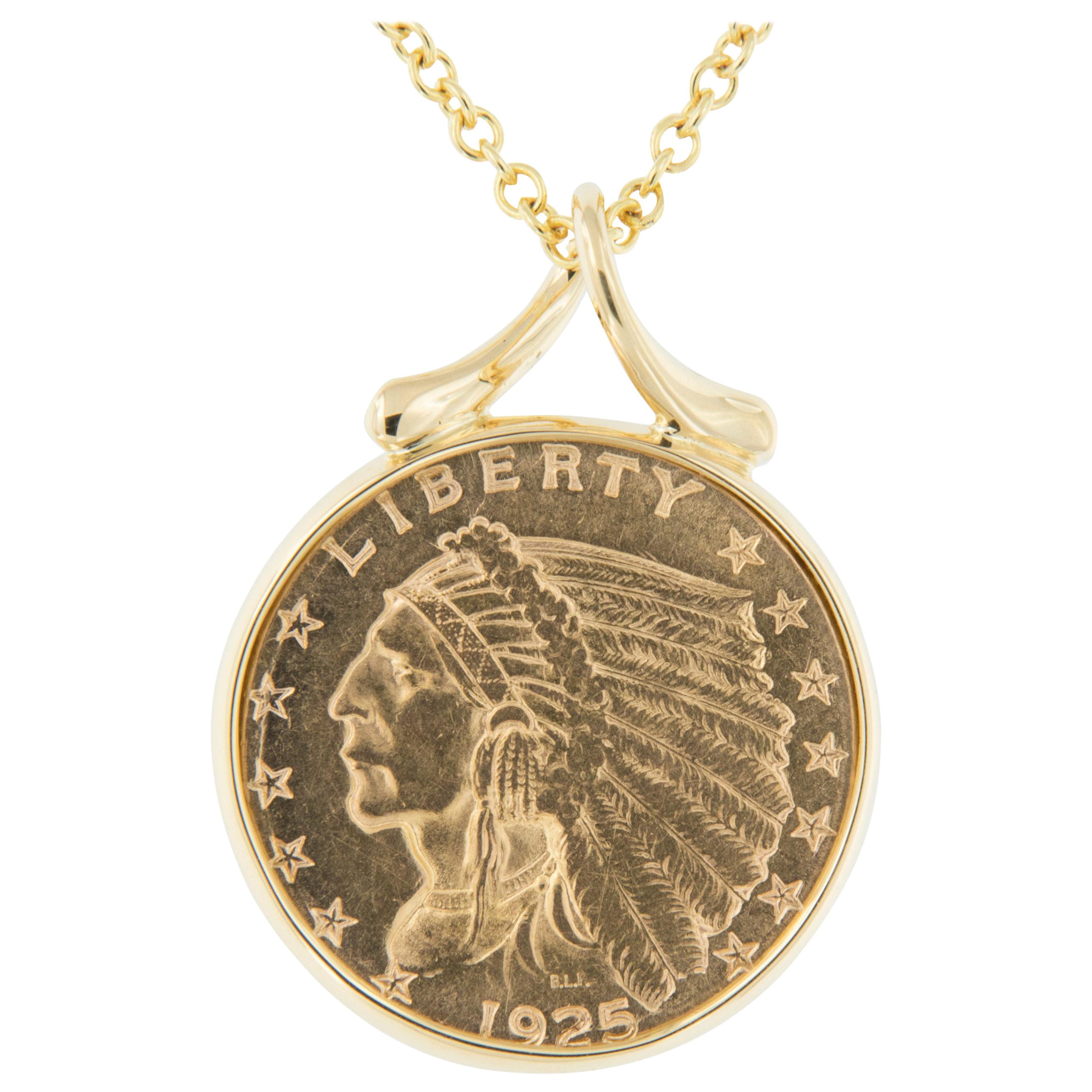 18 Karat Gold Eagle Indian Head $2.50 Coin Pendant Necklace by Michael Bondanza