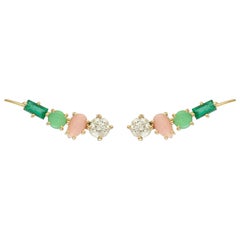18 Karat Gold Ear Climbers with Diamonds, Corals, Chrysophrase and Emeralds