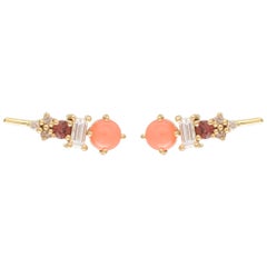 18 Karat Gold Ear Climbers with Diamonds, Garnets and Corals