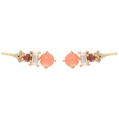 18 Karat Gold Ear Climbers with Diamonds, Garnets and Corals