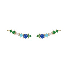 18 Karat Gold Ear Climbers with Sapphires, Emeralds, Turquoise and Diamond