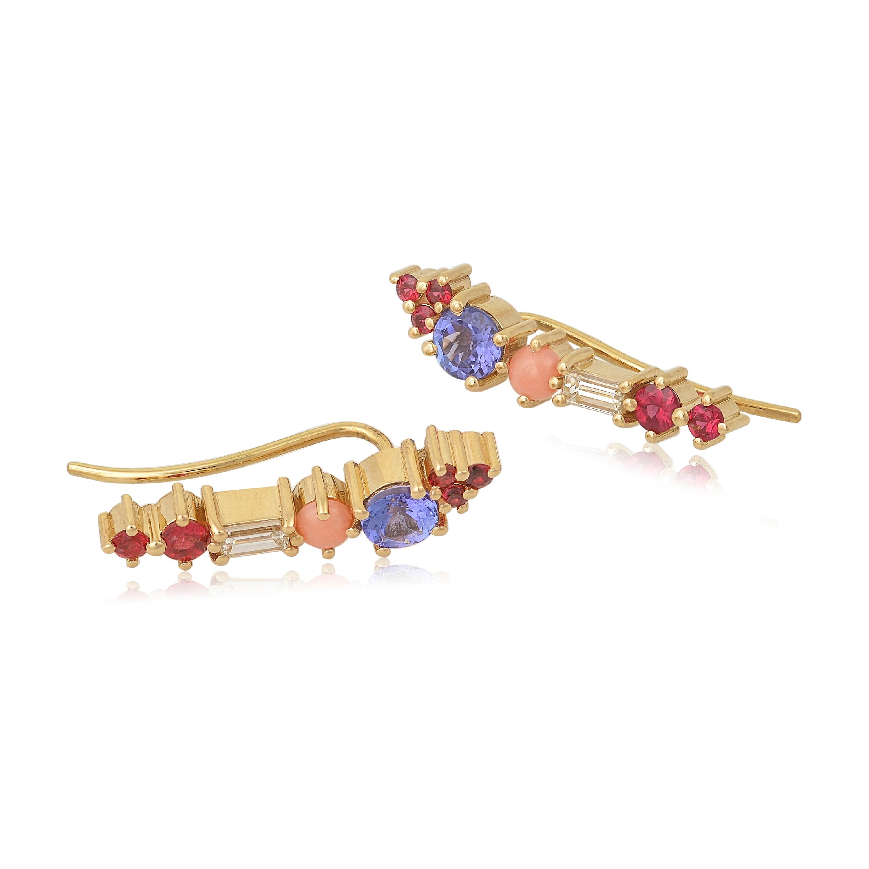 Designer: Alexia Gryllaki
Dimensions: L24x5mm
Weight: approximately 4.0g (pair)  
Barcode: OFS018

Multi-stone ear-climbers in 18 karat yellow gold with tanzanites approx. 0.84cts, round cabochon angel-skin corals approx. 0.16cts, round faceted