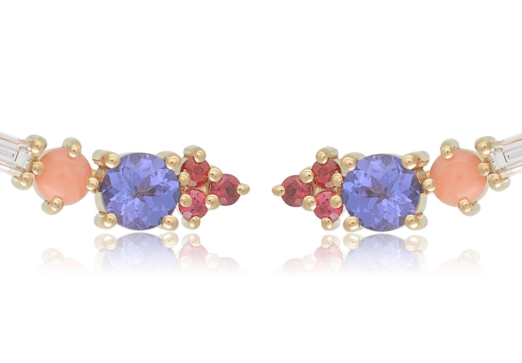 Contemporary 18 Karat Gold Ear Climbers with Tanzanites, Spinels, Corals and Diamond