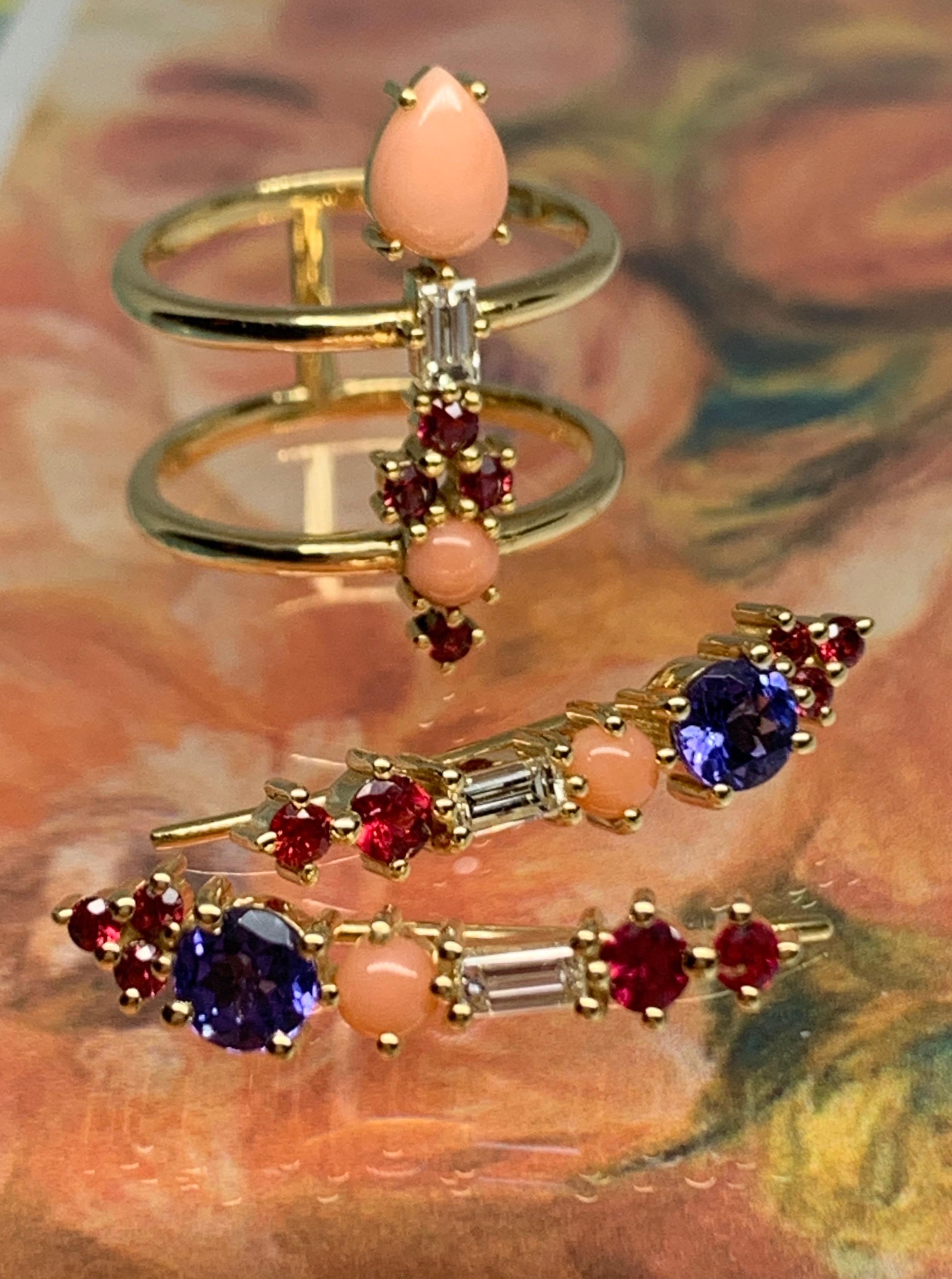 Women's 18 Karat Gold Ear Climbers with Tanzanites, Spinels, Corals and Diamond