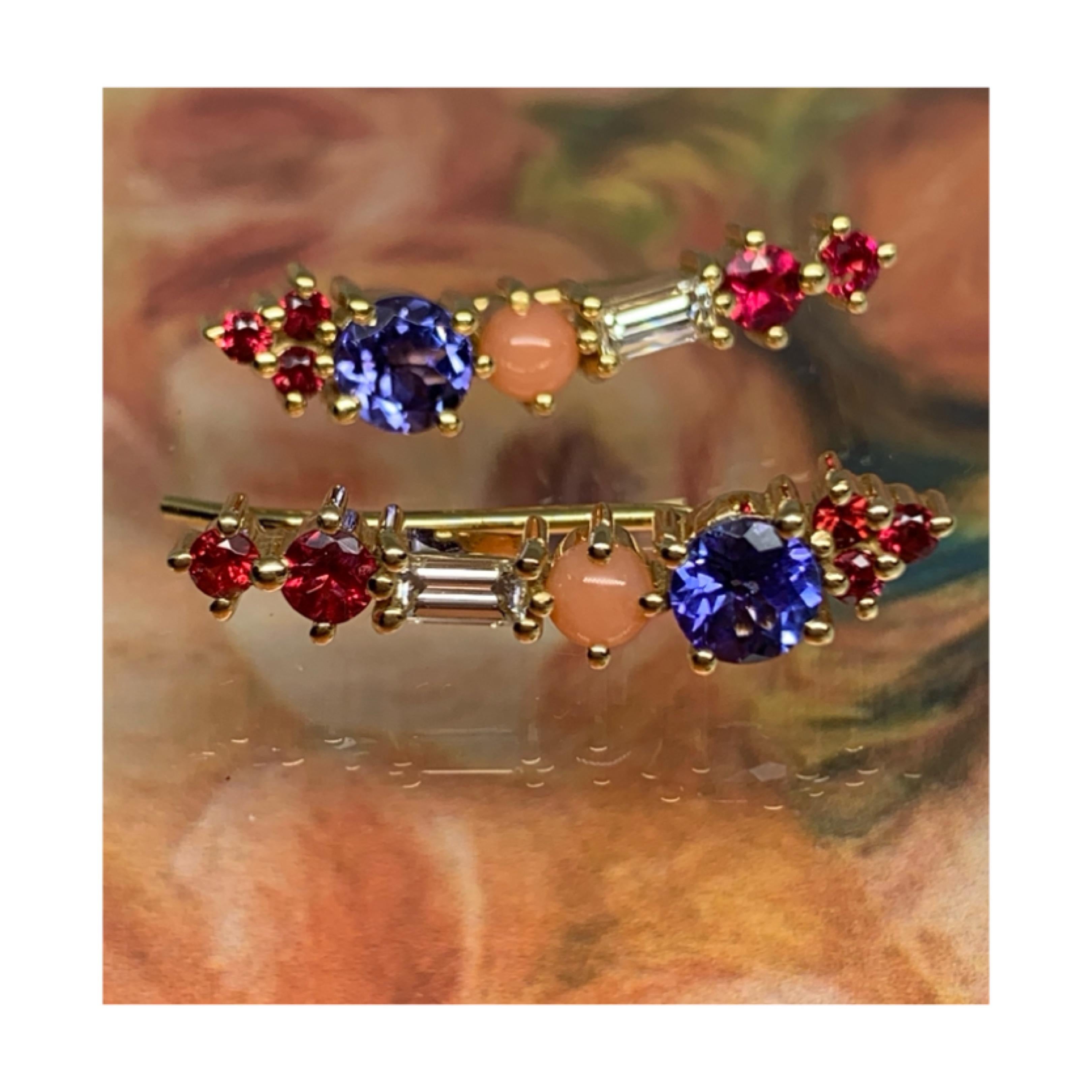 Cabochon 18 Karat Gold Ear Climbers with Tanzanites, Spinels, Corals and Diamond