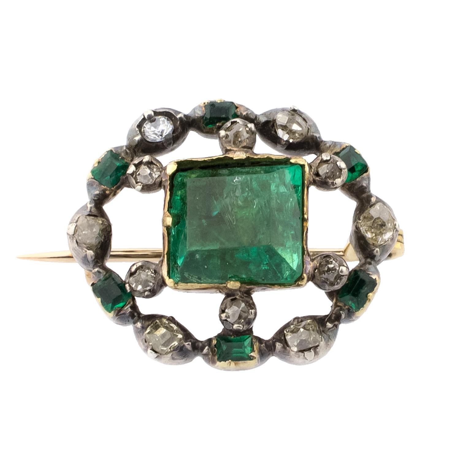 Women's 18 Karat Gold Early 19th Century Emeralds Diamonds Brooch For Sale