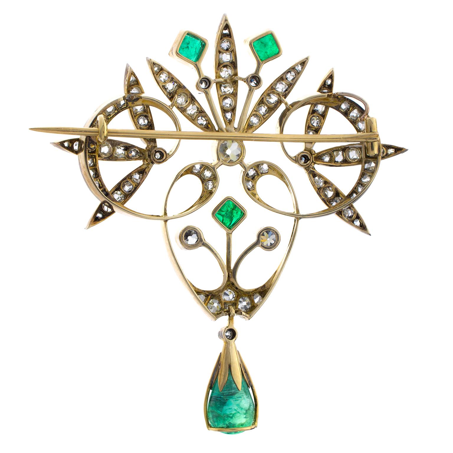 Women's or Men's 18 Karat Gold Early 20th Century Emeralds Diamonds Brooch For Sale