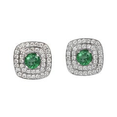 18 Karat Gold Earring White Gold Round Emerald Double Hallo Diamond Post Earring
