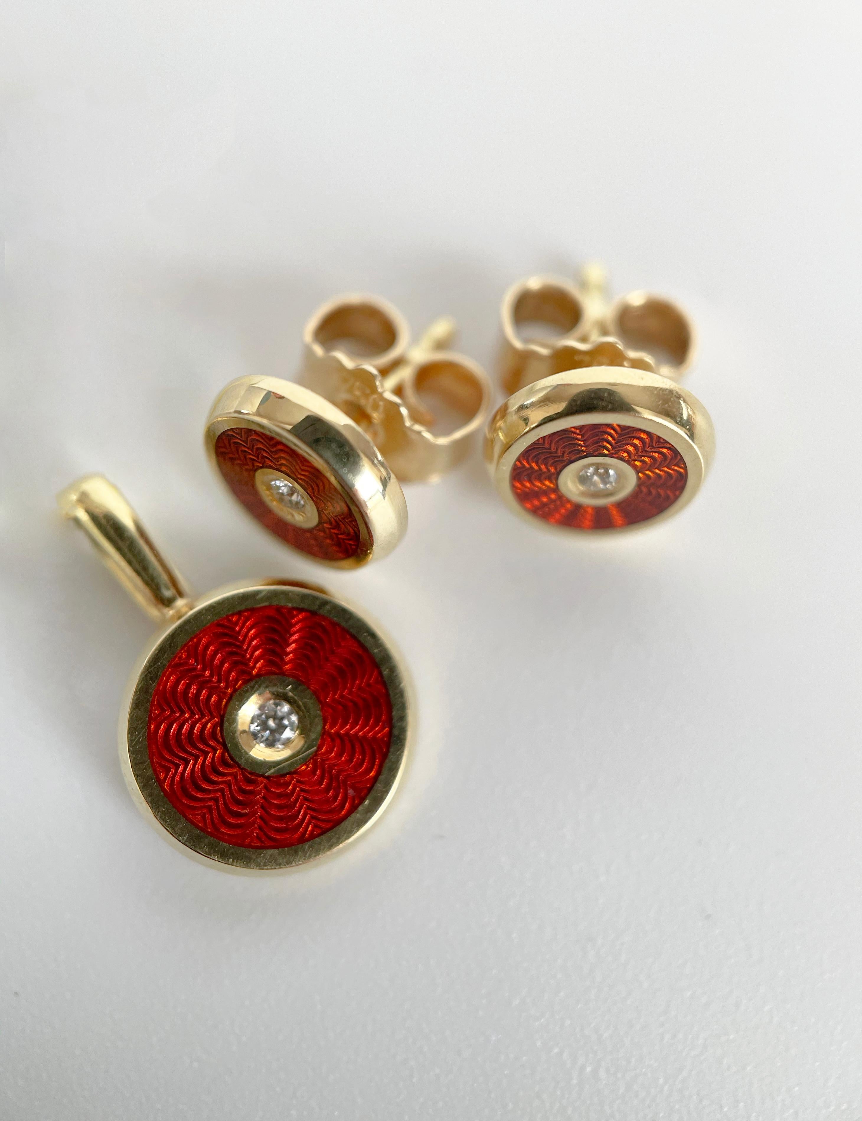 18-Karat Gold Earrings and Pendant Set “Harmony” with Diamonds and Red Enamel For Sale 4