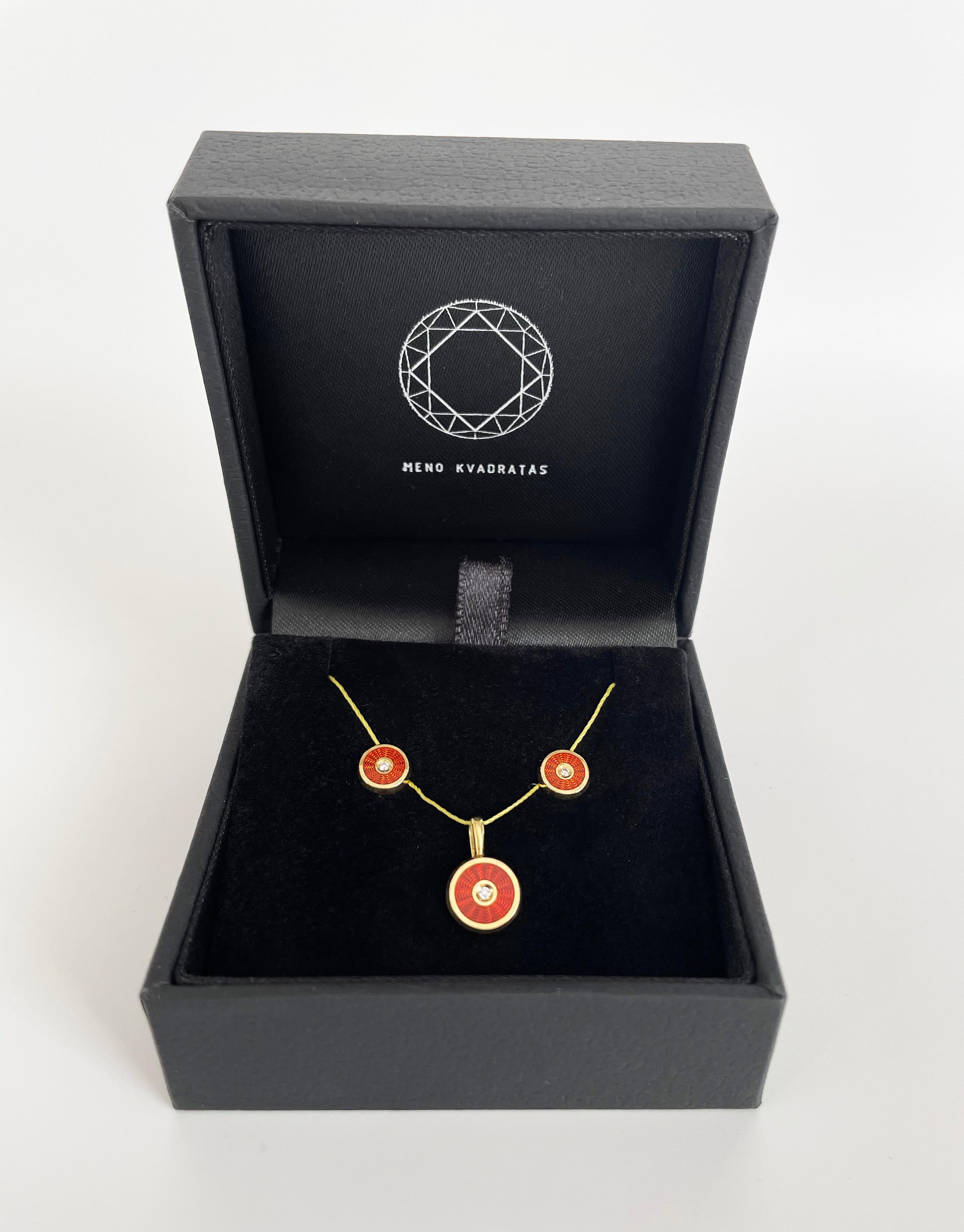 18-Karat Gold Earrings and Pendant Set “Harmony” with Diamonds and Red Enamel For Sale 5