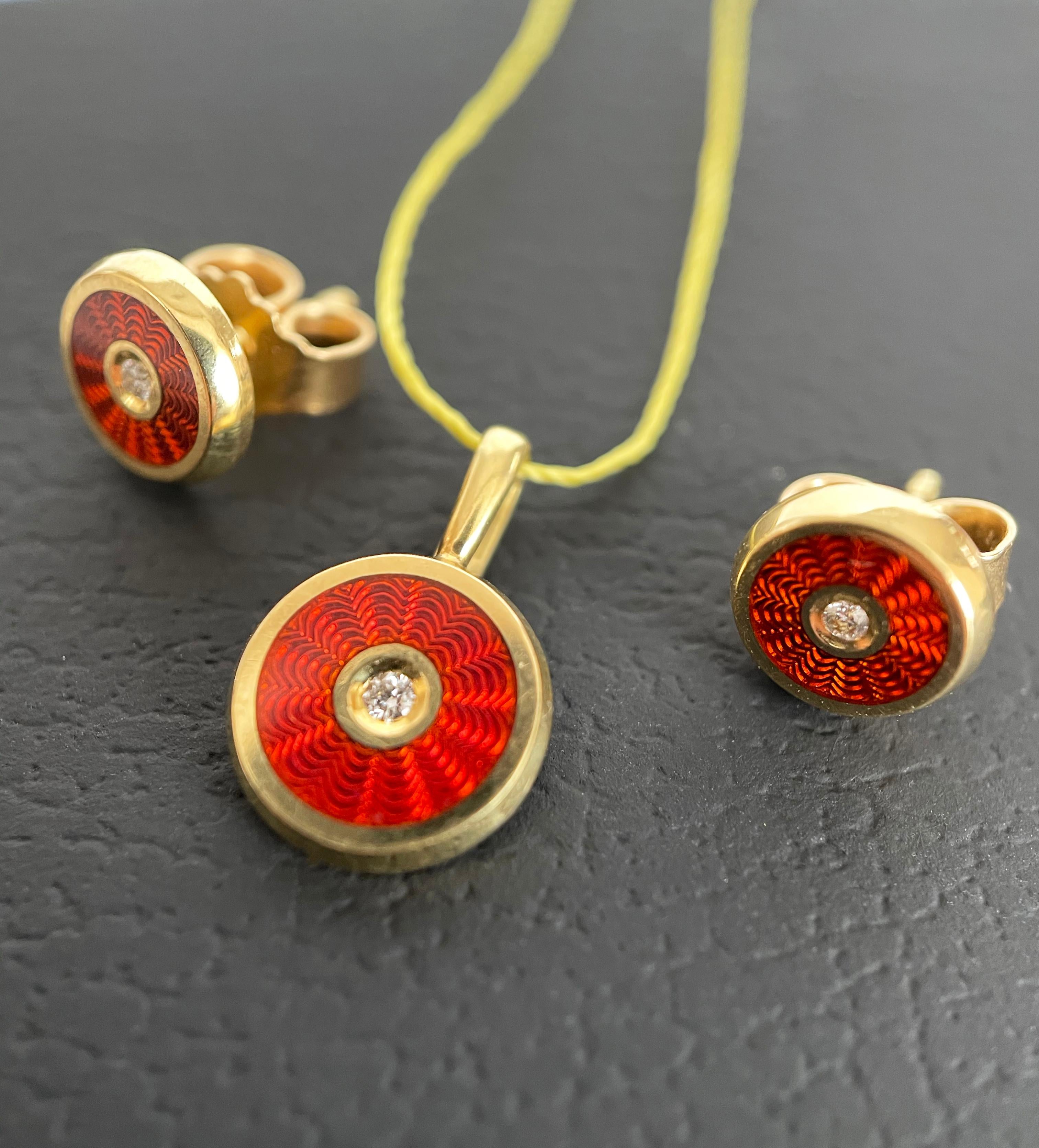 Brilliant Cut 18-Karat Gold Earrings and Pendant Set “Harmony” with Diamonds and Red Enamel For Sale