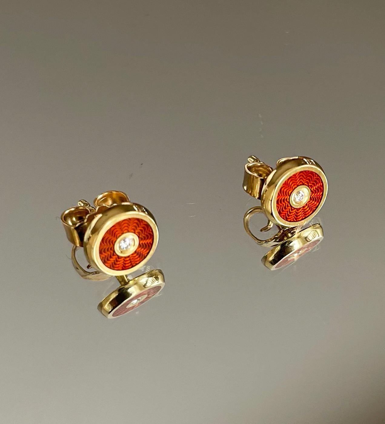 18-Karat Gold Earrings and Pendant Set “Harmony” with Diamonds and Red Enamel For Sale 1