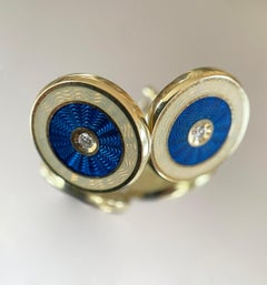 18-Karat Gold Earrings “Harmony” with Diamonds and Blue Opalescent Enamel