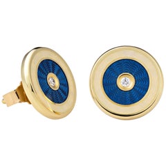 18-Karat Gold Earrings “Harmony” with Diamonds and Blue Opalescent Enamel