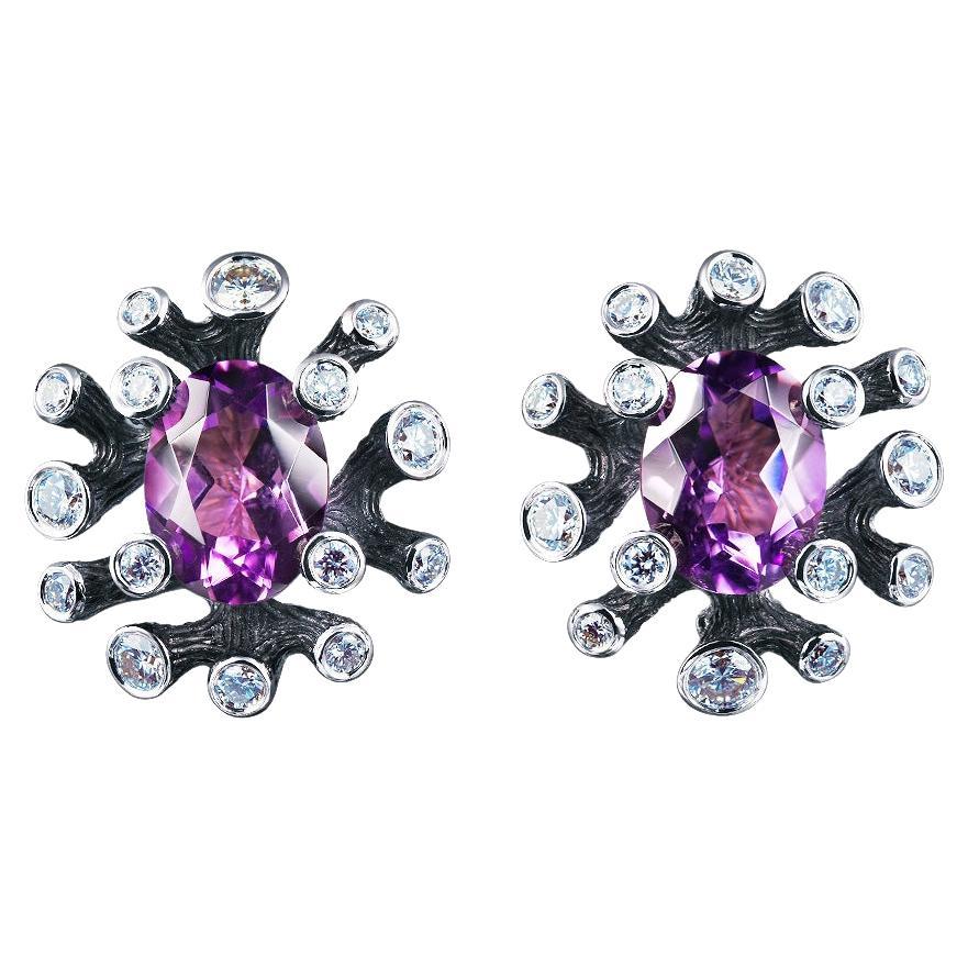 18 Karat Gold Earrings with 0.60 Carat Diamonds and 2.41 Carat Amethyst For Sale