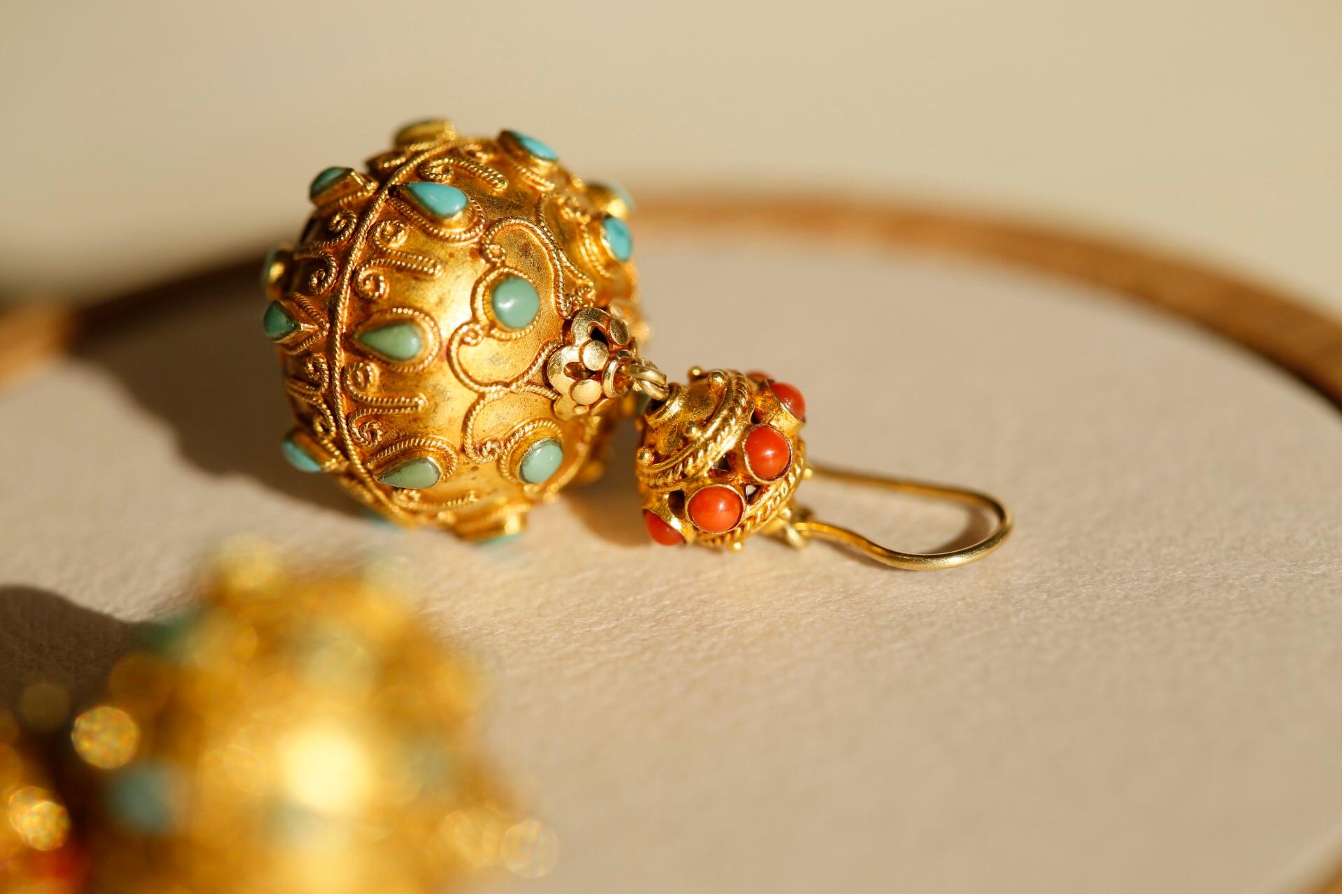 Women's Antique Chinese Bead Earrings of Coral, Turquoise and 18K Yellow Gold