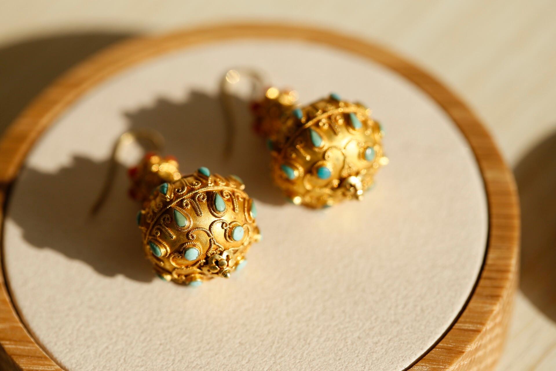 Antique Chinese Bead Earrings of Coral, Turquoise and 18K Yellow Gold 1