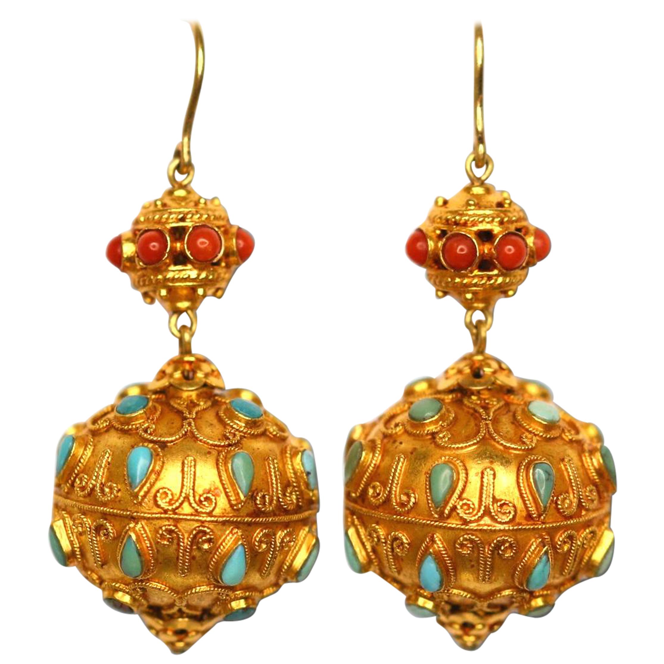 Antique Chinese Bead Earrings of Coral, Turquoise and 18K Yellow Gold