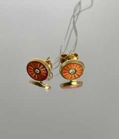 18 Karat Gold Earrings with Diamonds and Orange Enamel Diamond Earrings