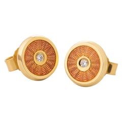 18 Karat Gold Earrings with Diamonds and Orange Enamel Diamond Earrings