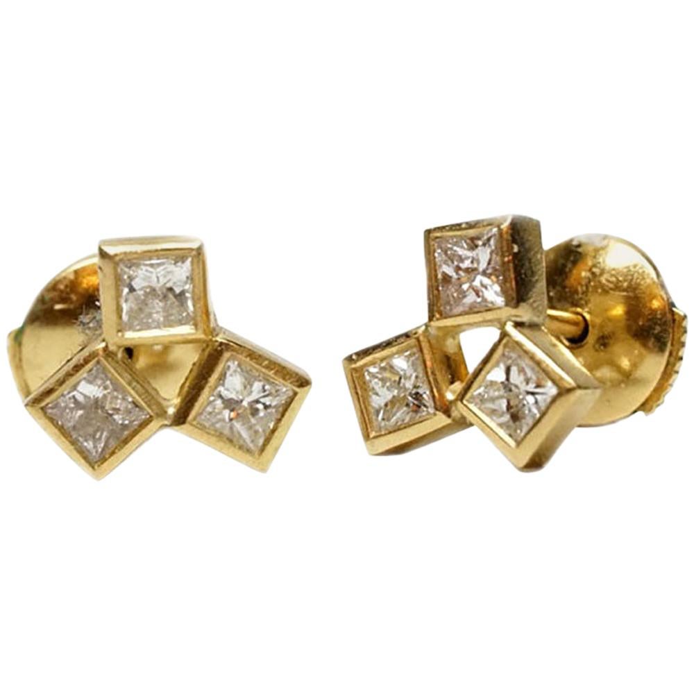 18 Karat Gold Earrings with Diamonds , Unique, Contemporary Stud Diamond Earrings For Sale