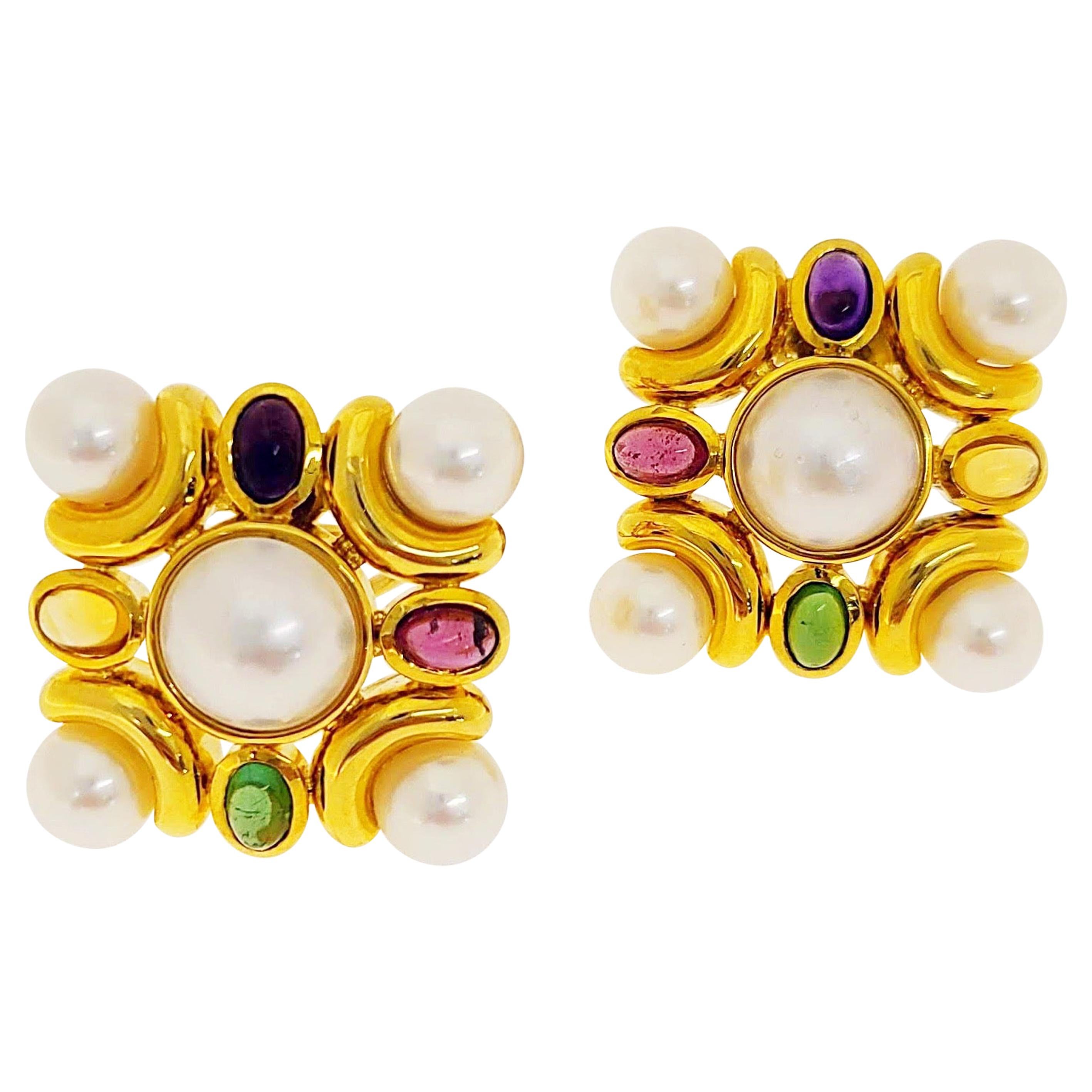 18 Karat Gold Earrings with Mabe Pearls and Multicolored Semi Precious Stones For Sale