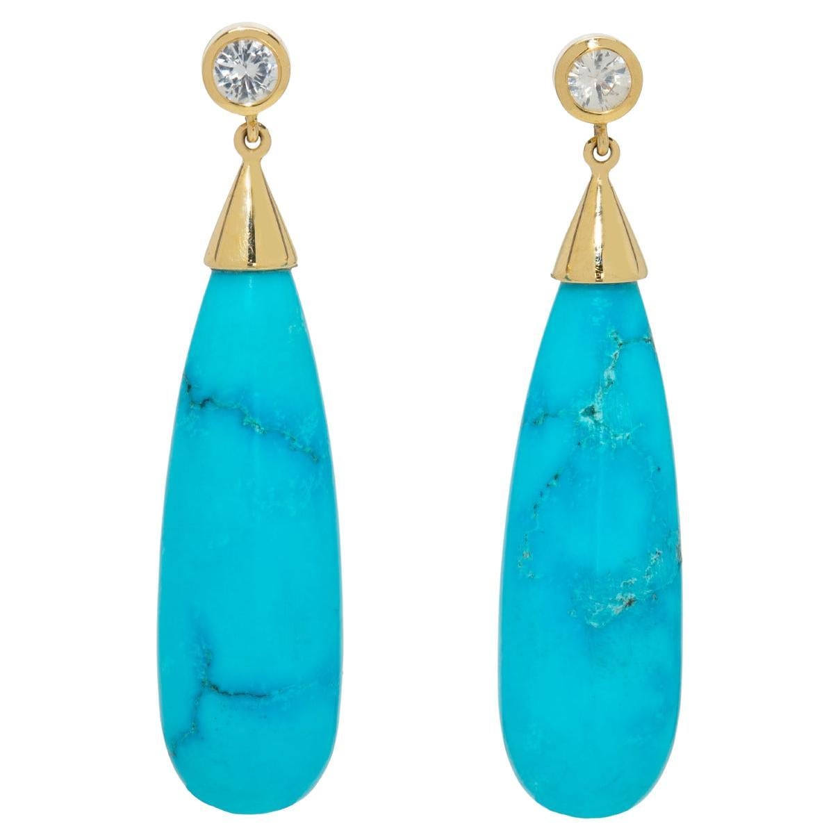 18 Karat Gold Earrings with Turquoise Drops and White Sapphires, by Gloria Bass For Sale