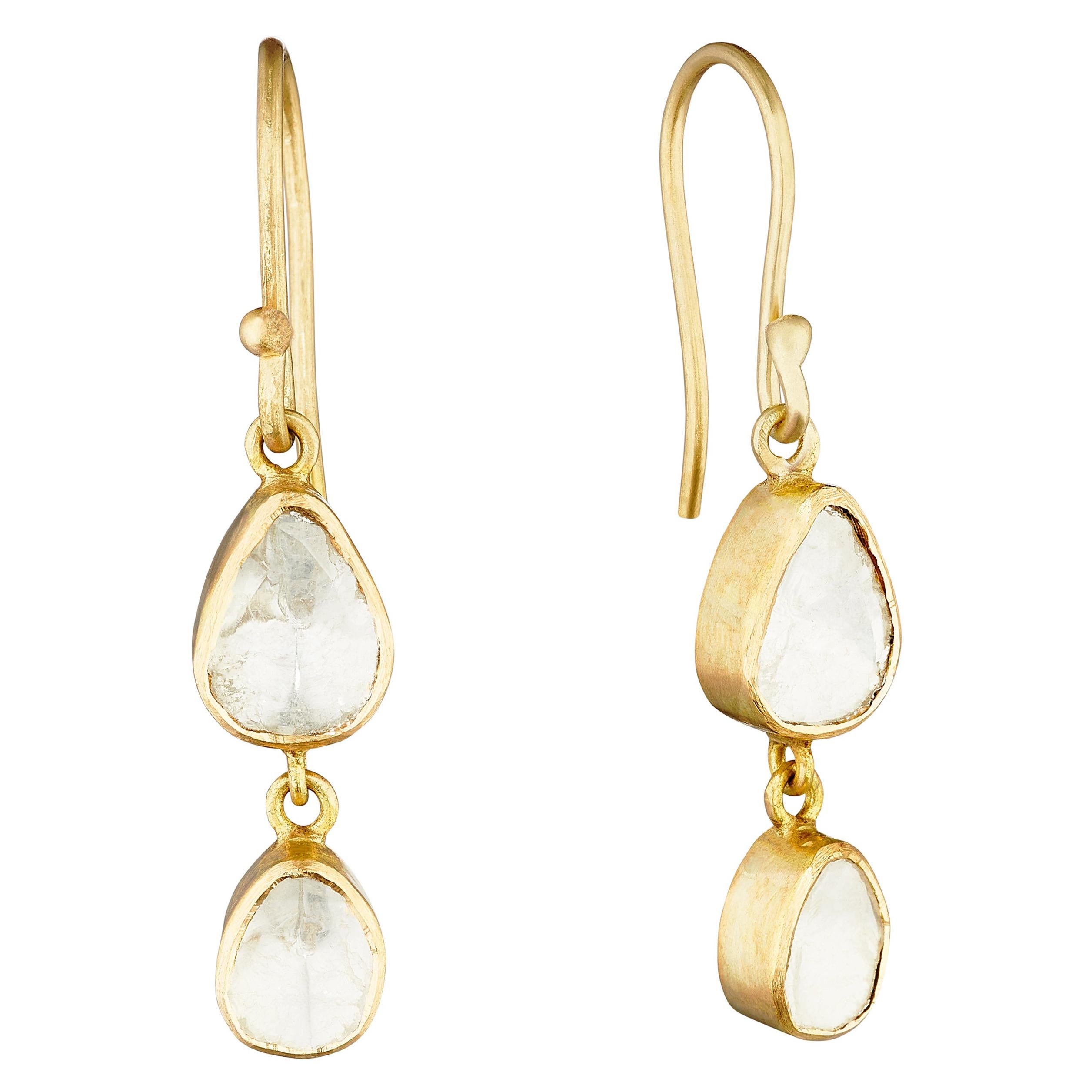 18 Karat Gold Earrings with Two Polki Diamond Stones For Sale
