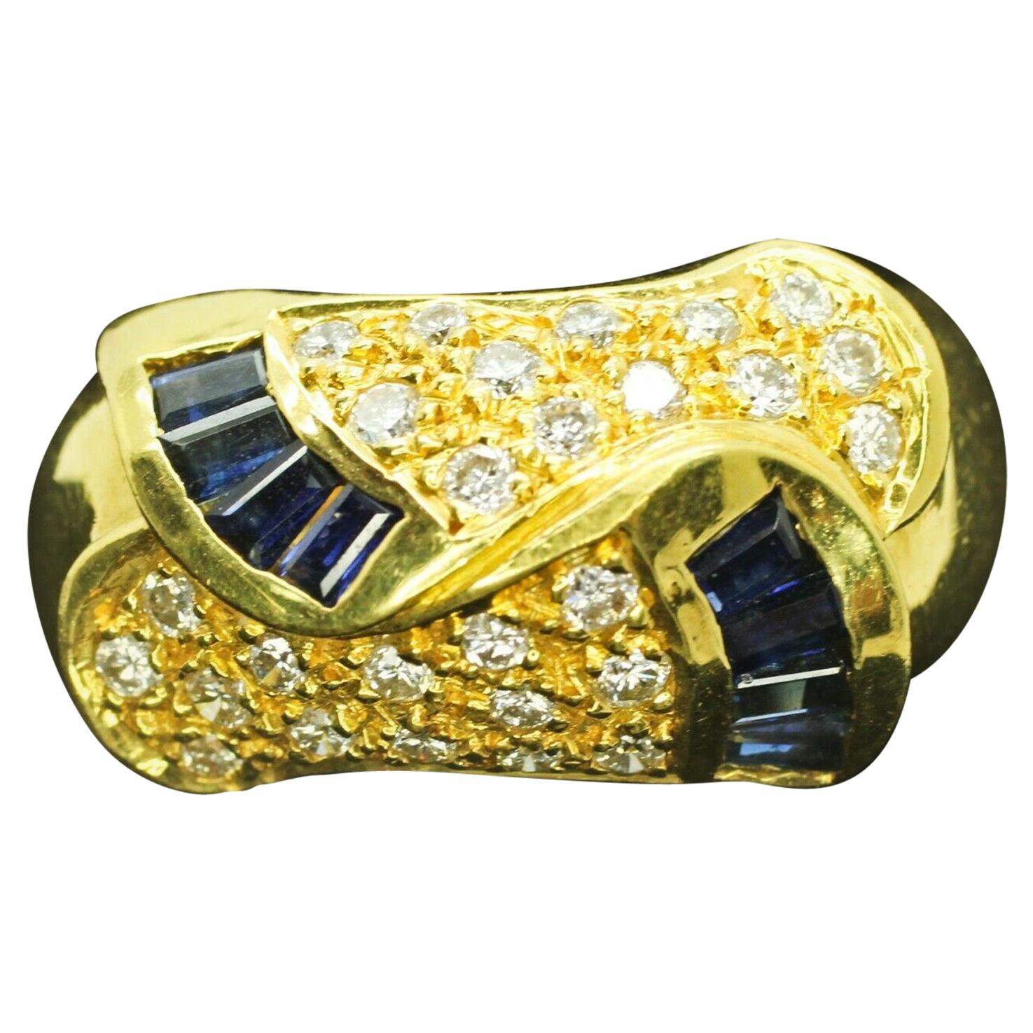 18 Karat Gold Egyptian Inspired Pave Diamond and Tapered Blue Sapphire Ring For Sale