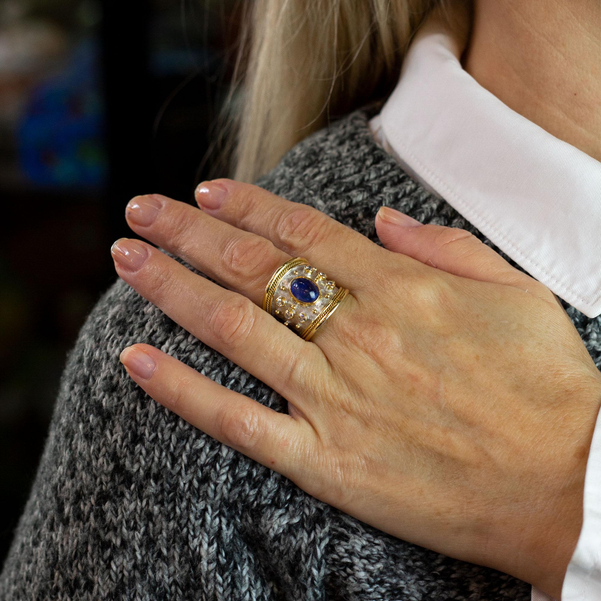 18 Karat Gold, Elizabeth Gage 'Templar' Ring with Sapphire and Diamonds 2