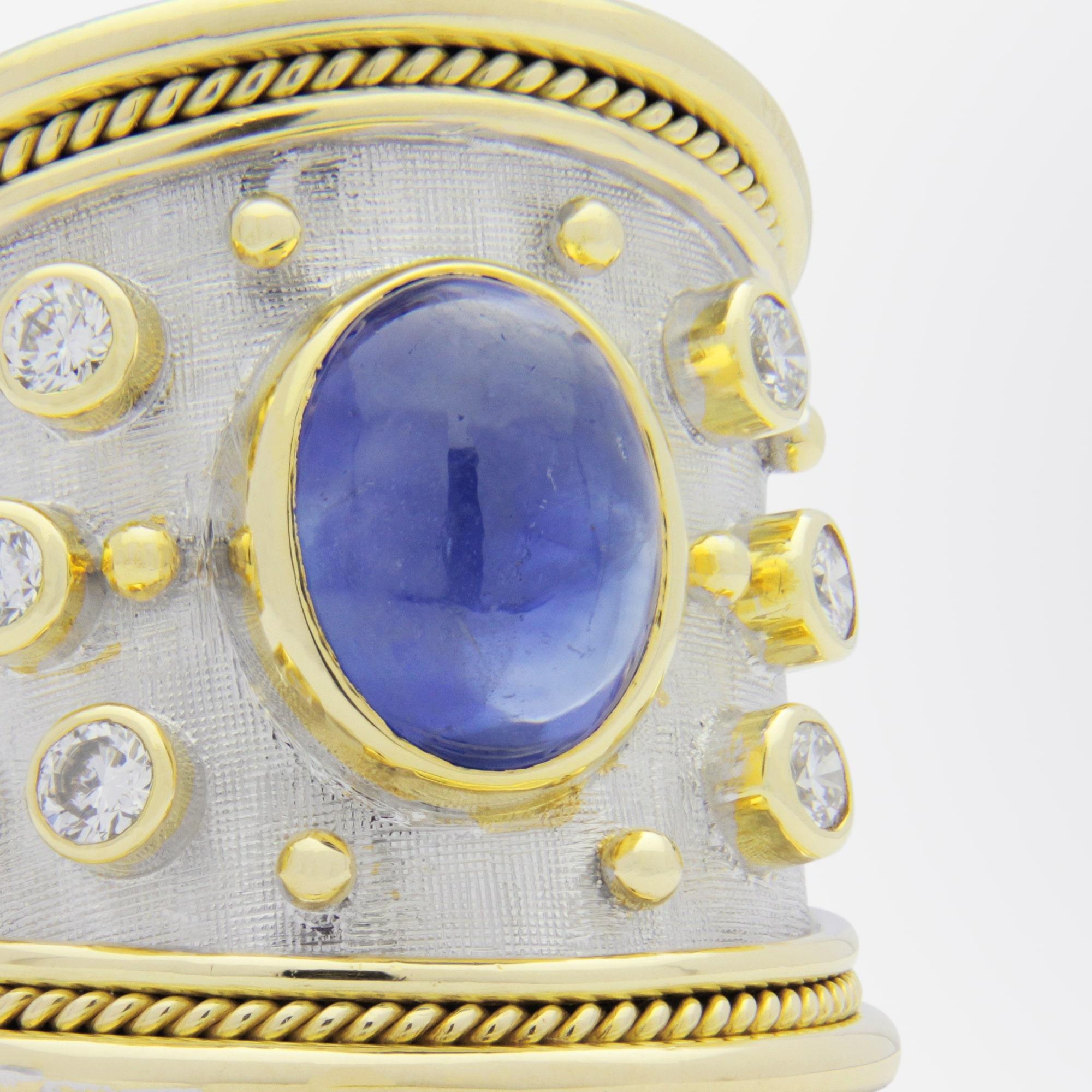 Etruscan Revival 18 Karat Gold, Elizabeth Gage 'Templar' Ring with Sapphire and Diamonds