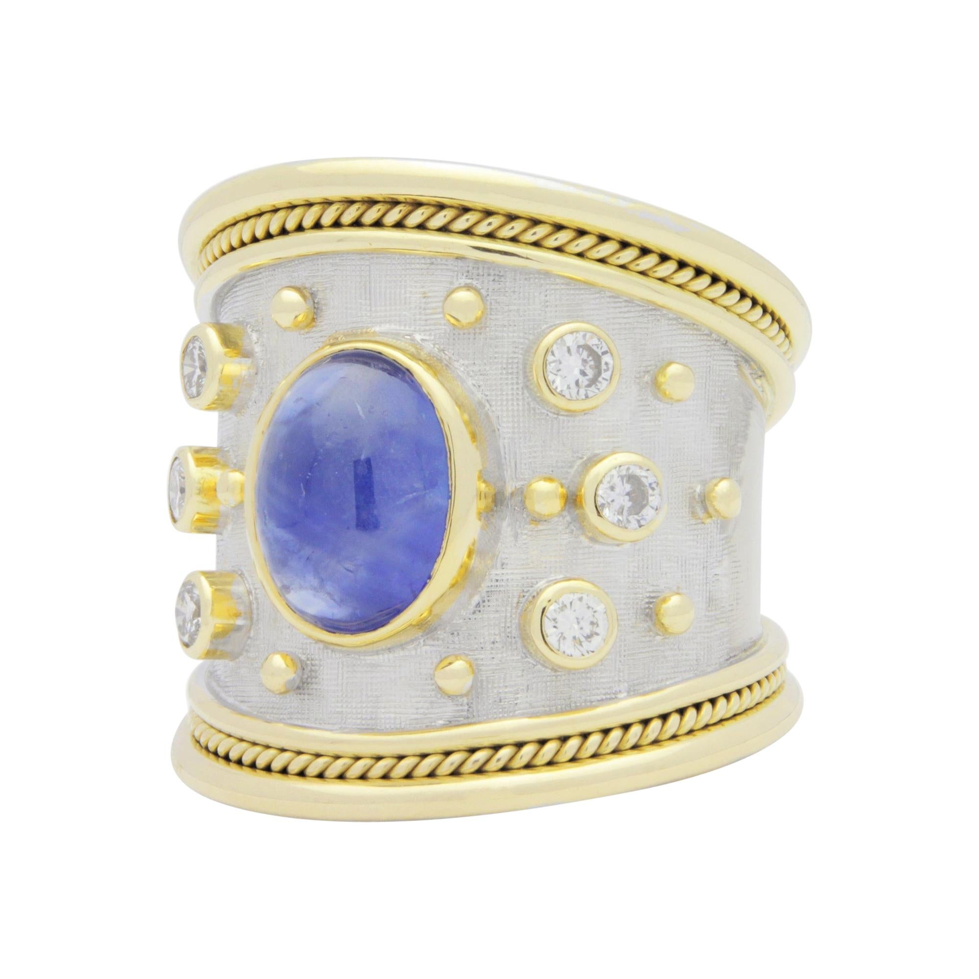 18 Karat Gold, Elizabeth Gage 'Templar' Ring with Sapphire and Diamonds