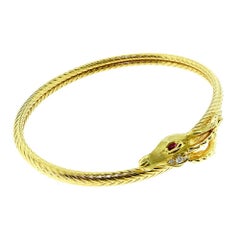 18 Karat Gold Elk Deer with Antlers Textured Swirl Coiled Flexible Bracelet
