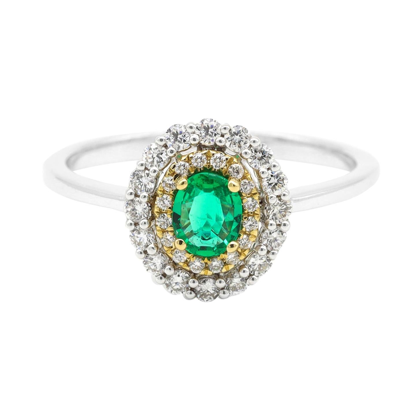 18 Karat Gold Natural Emerald and Diamond Double Cluster Ring